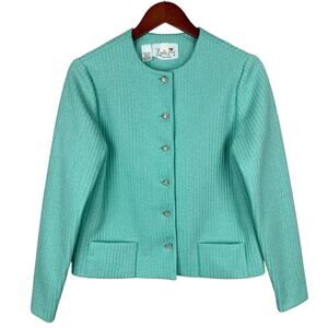 Vintage Leslie Fay Original Jacket Green Silver Pockets Jewel Buttons Women's 14